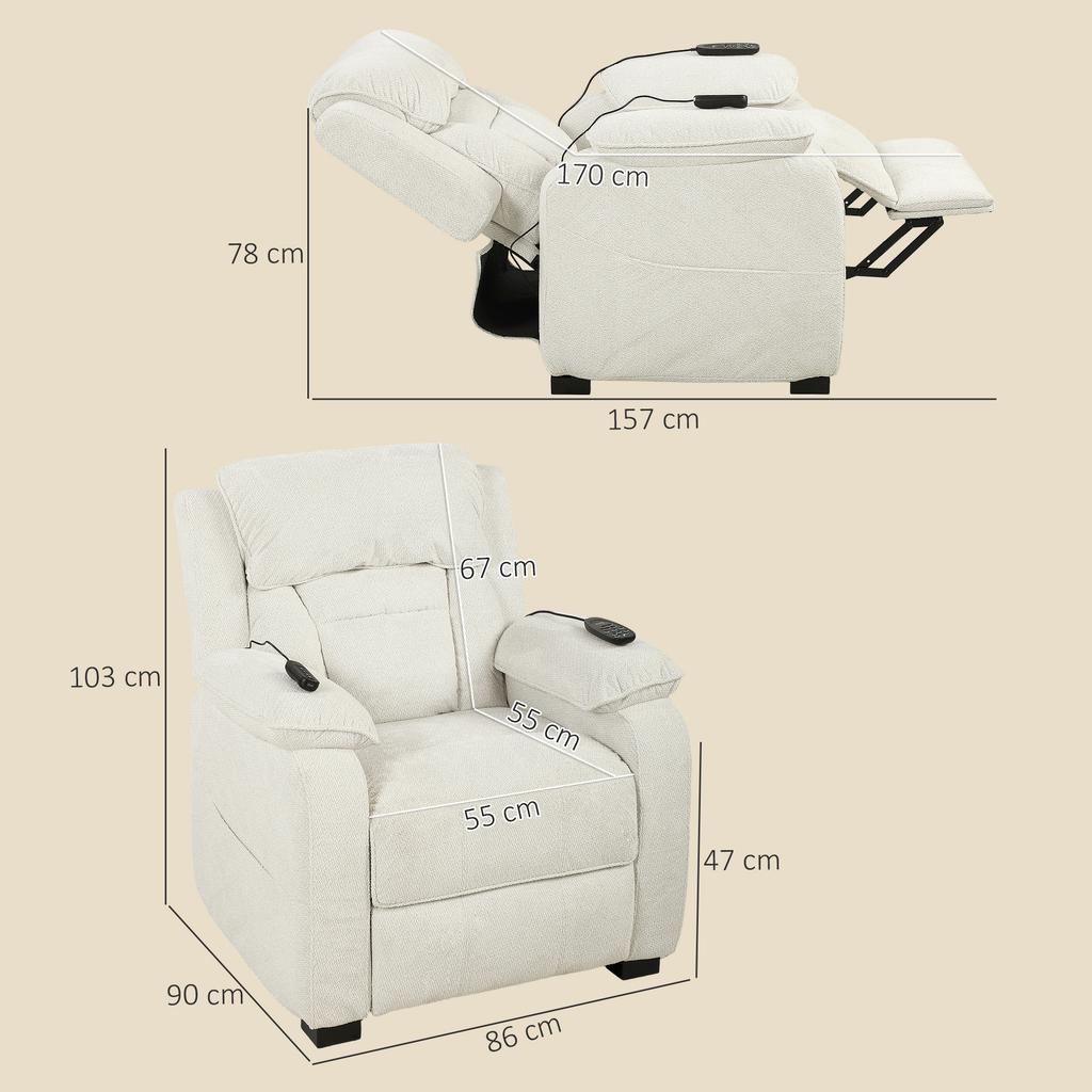 Power Recliner Armchair Massage Heat High Back Chair Cream White
