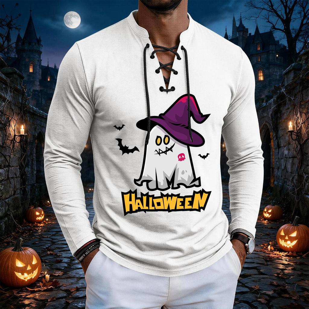 Men's Vintage Halloween Print Lace-Up Long Sleeve T-Shirt