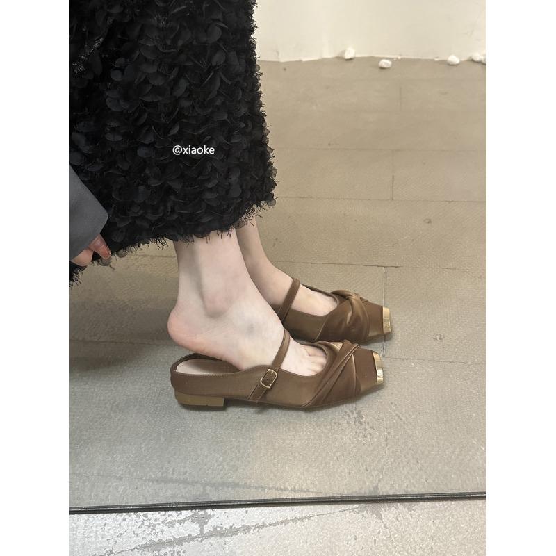 Metal square head flat heel bag head half slippers women s spring and summer new slippers outside Mary Jane shoes single shoes 40 коричневый