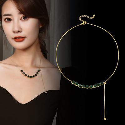 Emerald Diamond Necklace Women'S Light Luxury Niche Temperament Neck Chain Collarbone Chain Pull Accessories