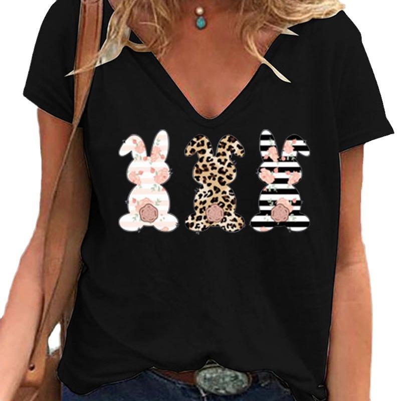 Summer New Casual Daily Versatile Pattern Rabbit 3D Printed Short Sleeved V-neck T-shirt