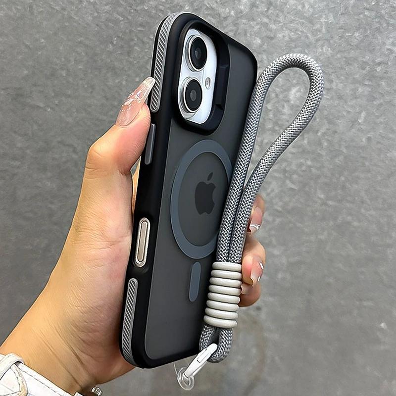 Luxury With Lanyard Matte Phone Case For 11 12 13 14 15 16 17 Pro Max Plus Air Magnetic Bumper Back Cases Cover
