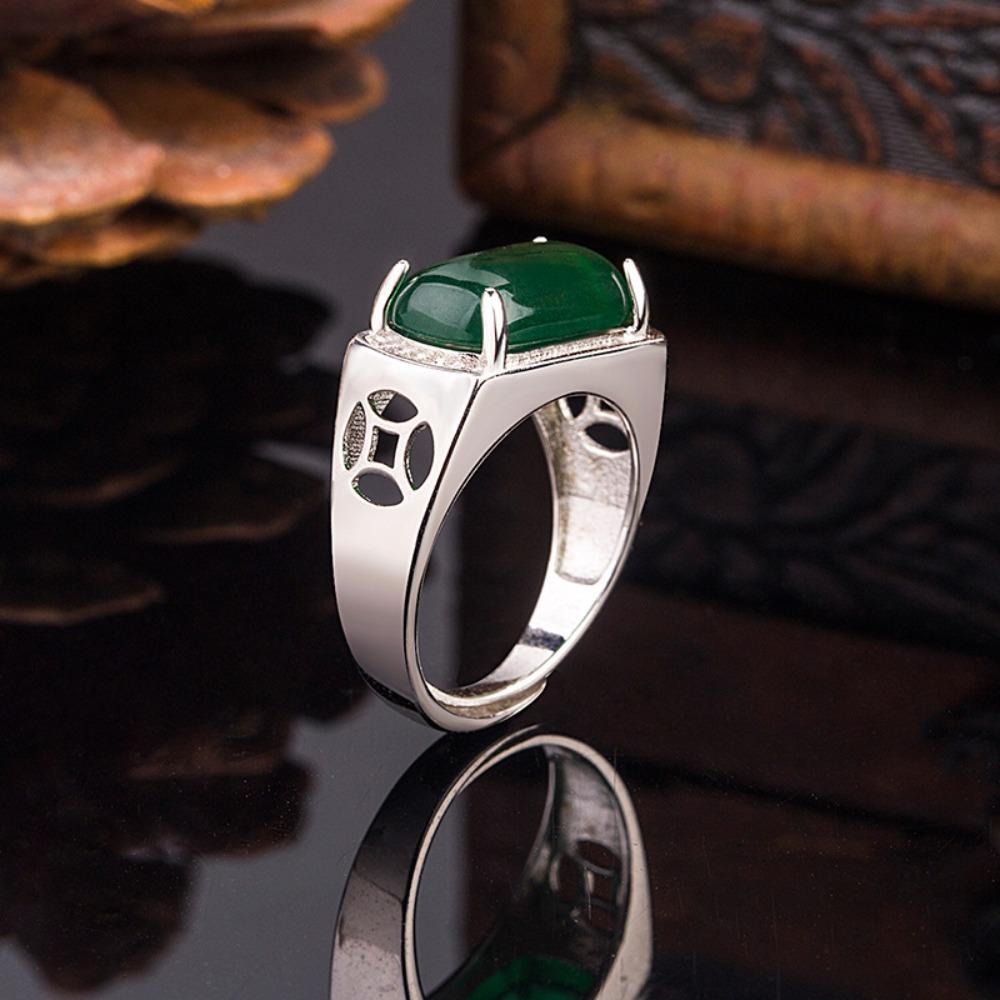 Vintage Square Green Onyx Ring for Men Emerald Green Chalcedony Diamond Ring Index Finger Ring