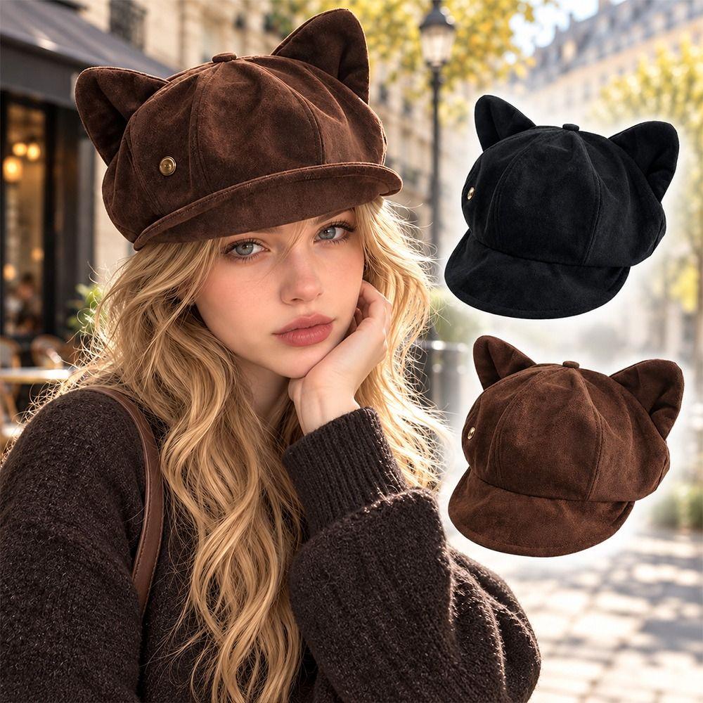 Solid Color Cat Ears Hat Suede Beret Hat Fashion Peaked Cap  Autumn Winter