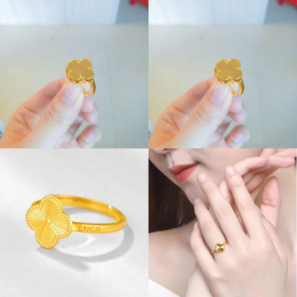 Stunning Brass Gold Plated Lucky Clover Ring Adjustable Open Band Trendy Women's Jewelry