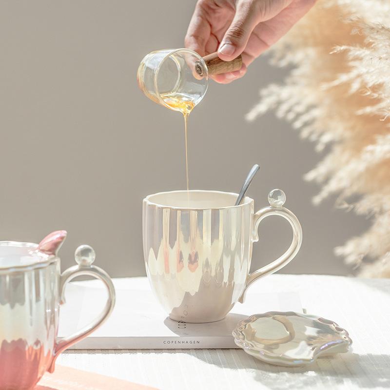 Cream Glue Shell Pearl Ceramic Cup With Lid Girls Water Cup Couple Household Coffee Cup Ceramic Cup