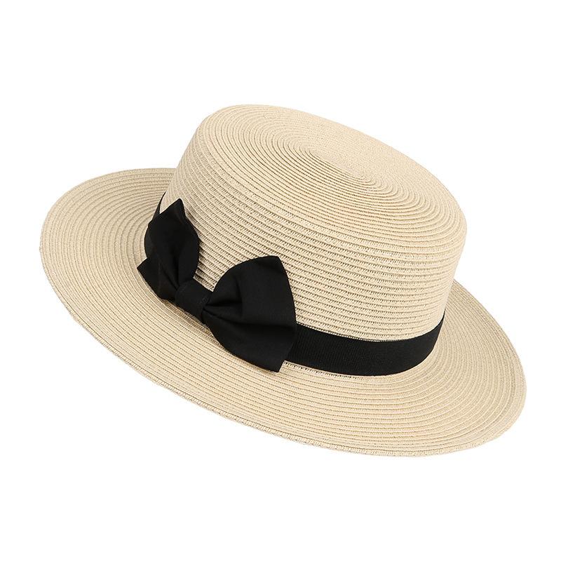 Flat Top Small Fresh Top Hat Summer Straw Hat Women's British Retro Sunshade Sunscreen Beach Bow Sun Hat
