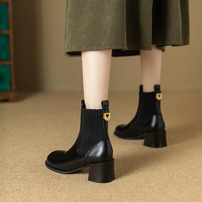 2024 New British Style Retro Thick Heel Short Boots Women's Knitted Spliced French Ankle Boots Spring and Autumn Single Boots