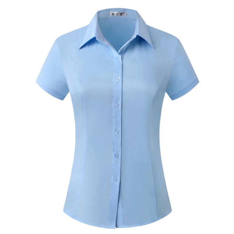 Women's Office Work Shirts Short Sleeve Button Down Shirts V Neck Collared Blouse Summer Classic-Fit Tops Ladies Business Blouses