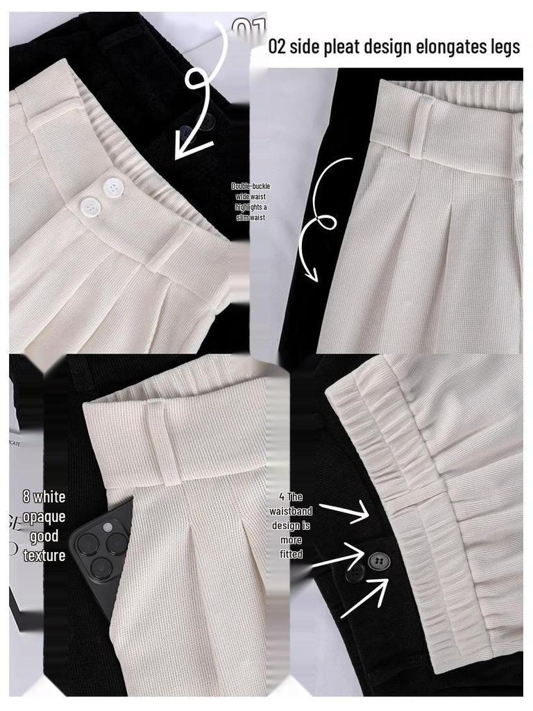 Women's Petite Dark Gray Corduroy Wide-Leg Suit Pants with Fleece Lining for Autumn/Winter