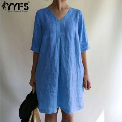 Abiti casual da donna, moda estate primavera, stampa tinta unita, manica corta, scollo a V, vita ampia