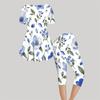Women Plus Size Round Neck Short Sleeve Blue Floral Printed Flared Top And Capri Pants Two Piece Pajama Set