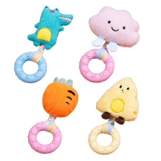 Haustier Kauspielzeug Cartoon-Figuren Weicher Plüsch TPR Kauspielzeug-Ring mit eingebautem Geräusch