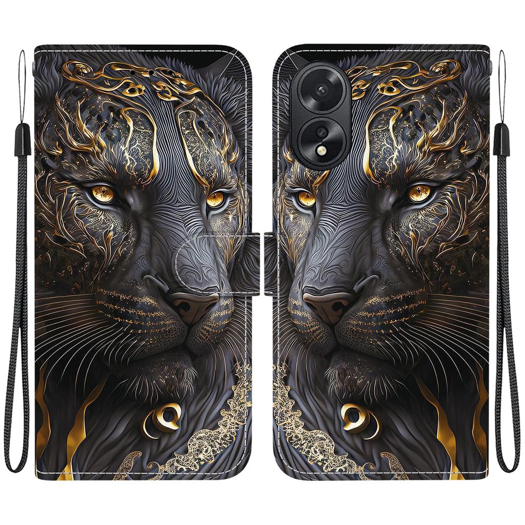 Handmade PU Leather Flip Case for Oppo A38/Oppo A18 Anti-Slip Shockproof Cover with Wrist Strap & Heart/Rose Cat Designs
