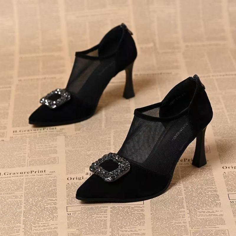 

Новые сетчатые летние туфли на высоком каблуке женские тонкие каблуки модные со стразами острый носок с мелким вырезом темпераментные универсальные крутые ботинки 40 чёрный