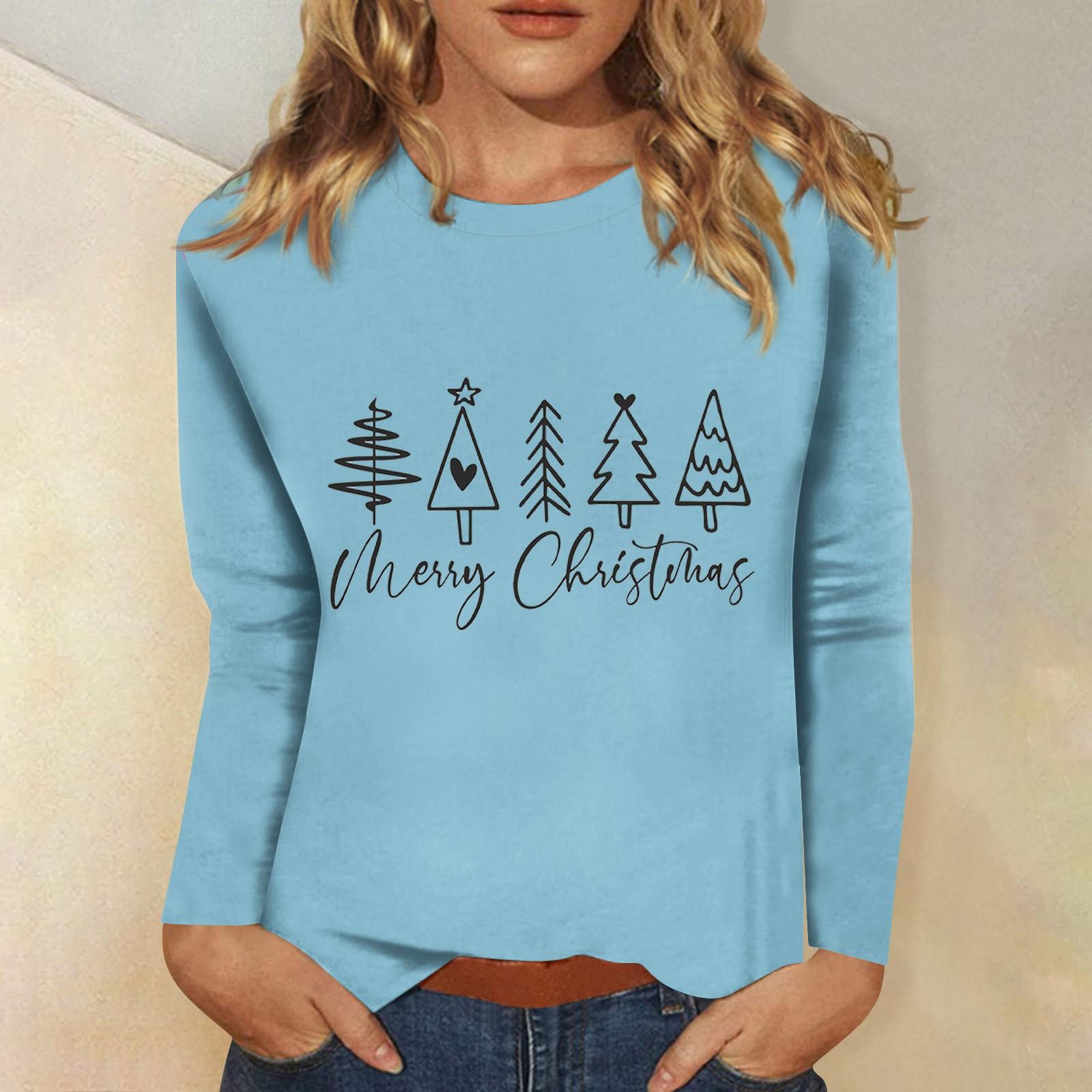

Женский повседневный повседневный топ с длинными рукавами и рождественским принтом с круглым вырезом XL небесно-голубой