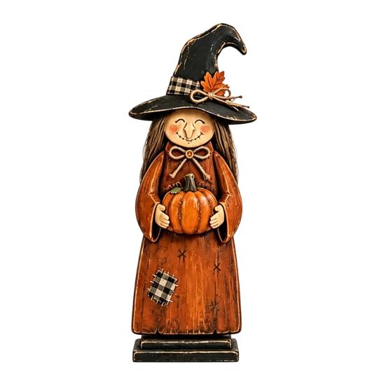 Vintage Wooden Witch Ornaments Figurine, Halloween Statues with Rustic Home Decor Broom Pumpkin Black Cat, Fall Farmhouse Tabletop Decorations