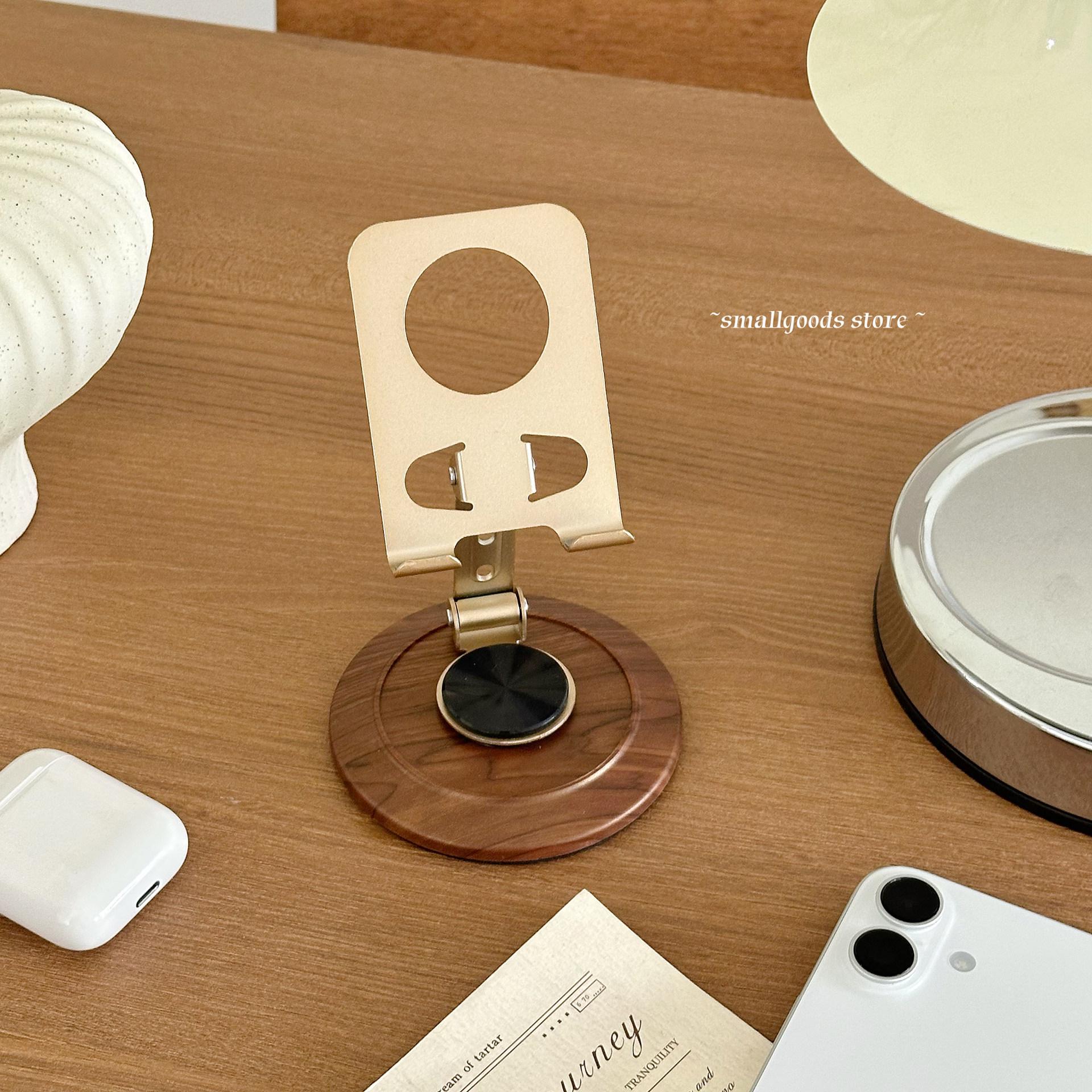 High-End Retro Wood Grain 360° Rotating Phone Stand for Desktop and Live Streaming