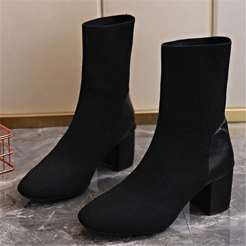 Women S Mid Calf Square Toe Chunky Heel Stretch Boots