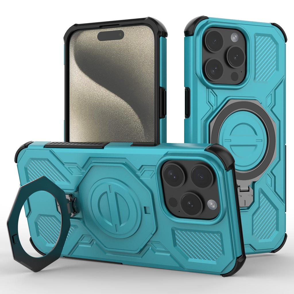 For iPhone 15 Pro Magnetic Case Rotating Metal Kickstand Shockproof PC+TPU Phone Back Cover