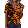 Womens Casual Halloween Print V Neck Short Sleeve Button Decor T Shirt Top Lightweight Comfortable Fit