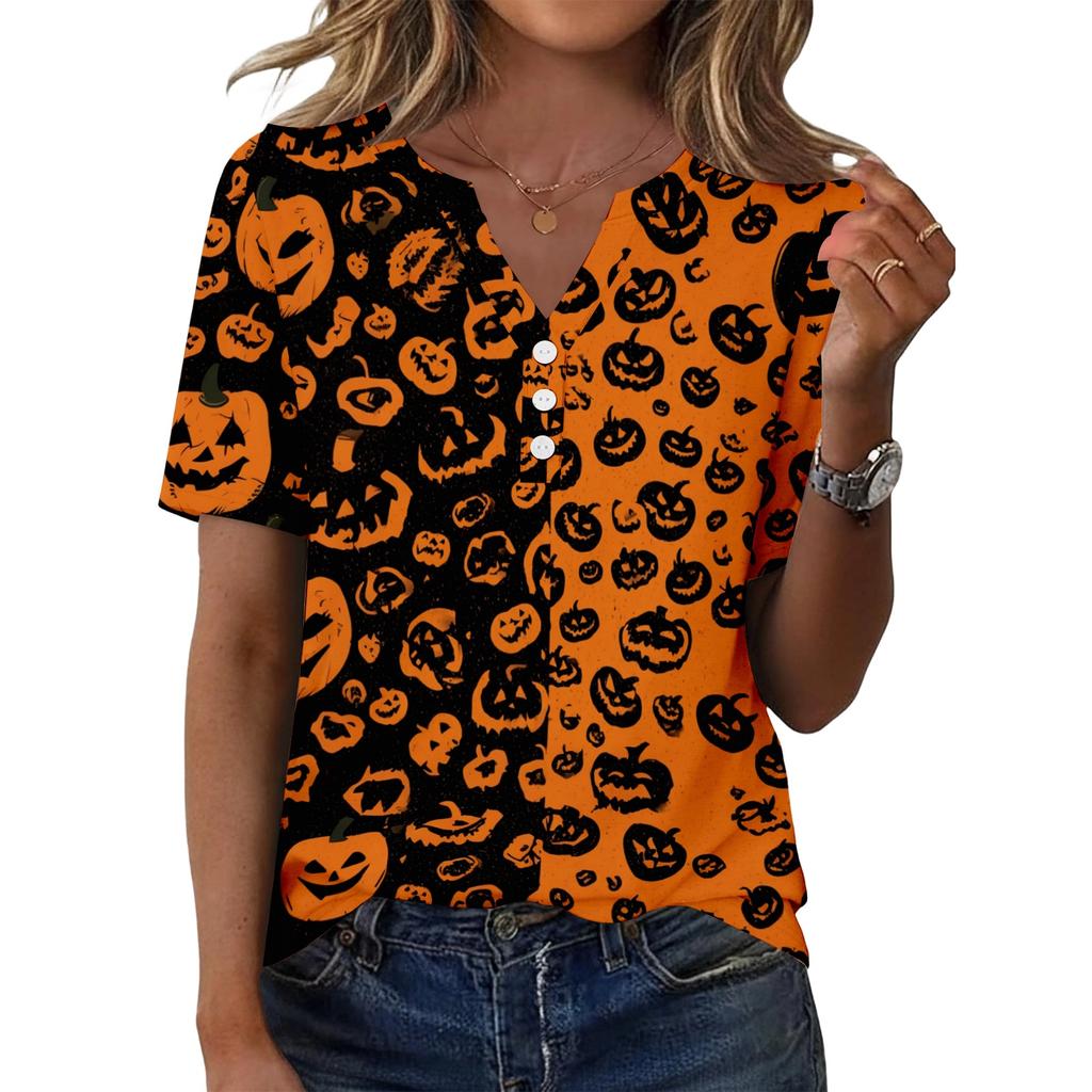 Womens Casual Halloween Print V Neck Short Sleeve Button Decor T Shirt Top Lightweight Comfortable Fit