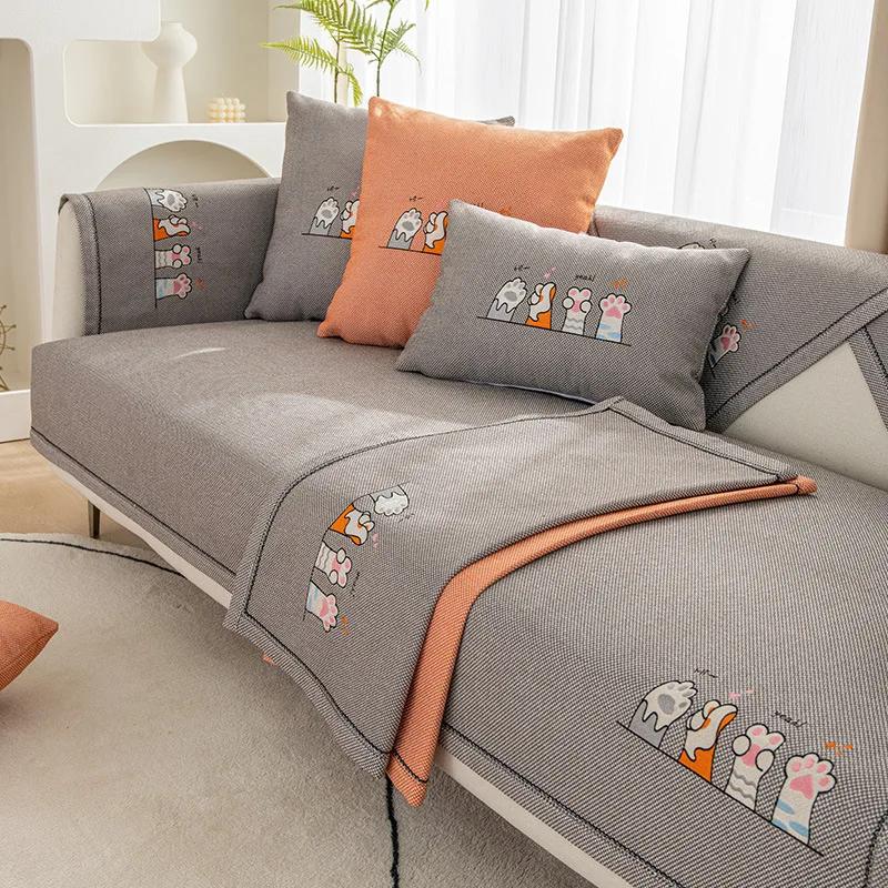 

Cotton Linen Sofa Mat Universal Year-round Anti Slip Wear-resistant Settee Towel Cartoon Cat Paw Print Sofa Cover Pillowcase 70x70cm 1pcs