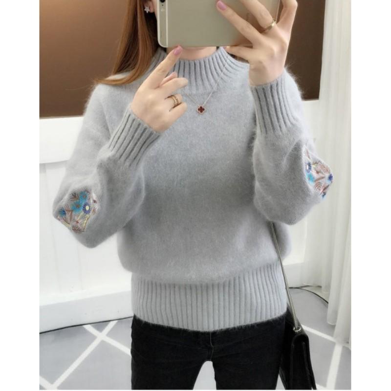 Women's Fall/Winter Korean-Style Versatile Half-Turtleneck Long-Sleeve Knit Sweater—Fitted Embroidered Sweater