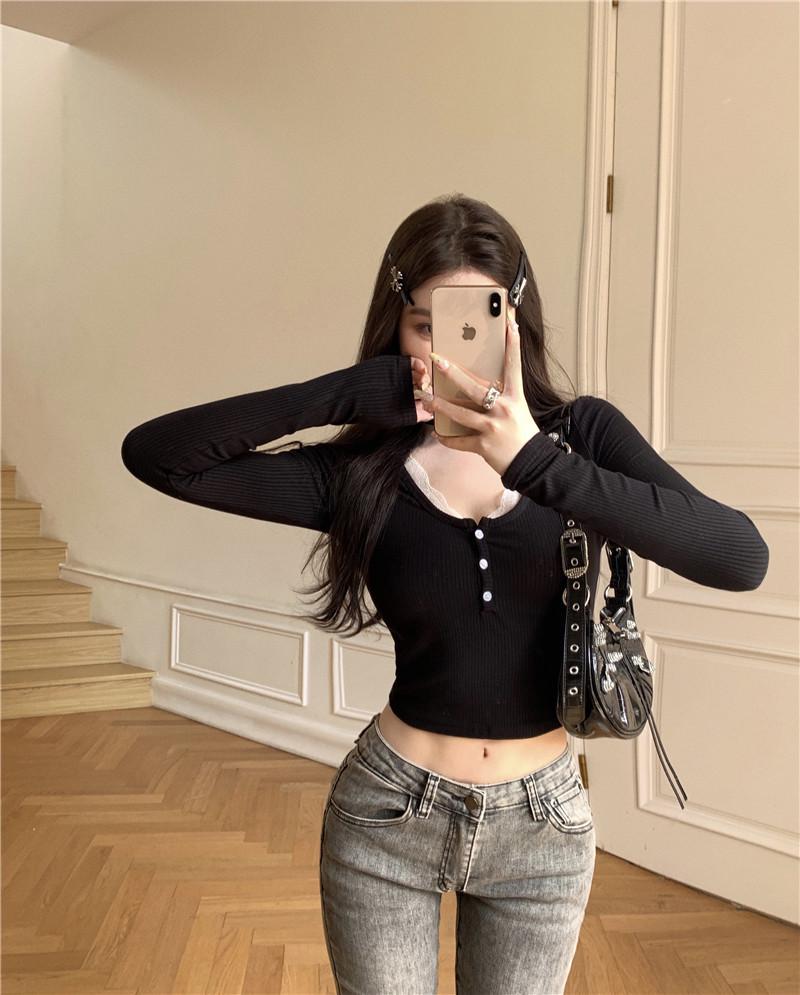 Sweet & Spicy Lace Patchwork Long Sleeve T-shirt - Women's Autumn/Winter Korean Style Sexy Base Layer Top