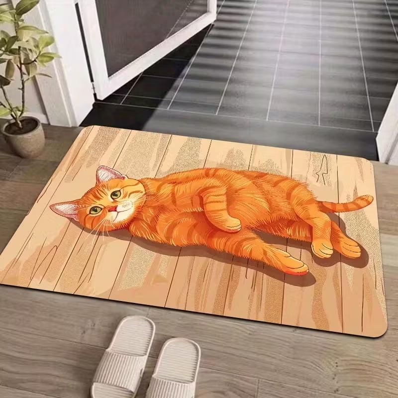 Orange Cat Doormat Cute Cat Welcome Mat Entryway Non-Slip Warm Tone Carpet Indoor Outdoor Non-Slip Rug for Hallway Living Room