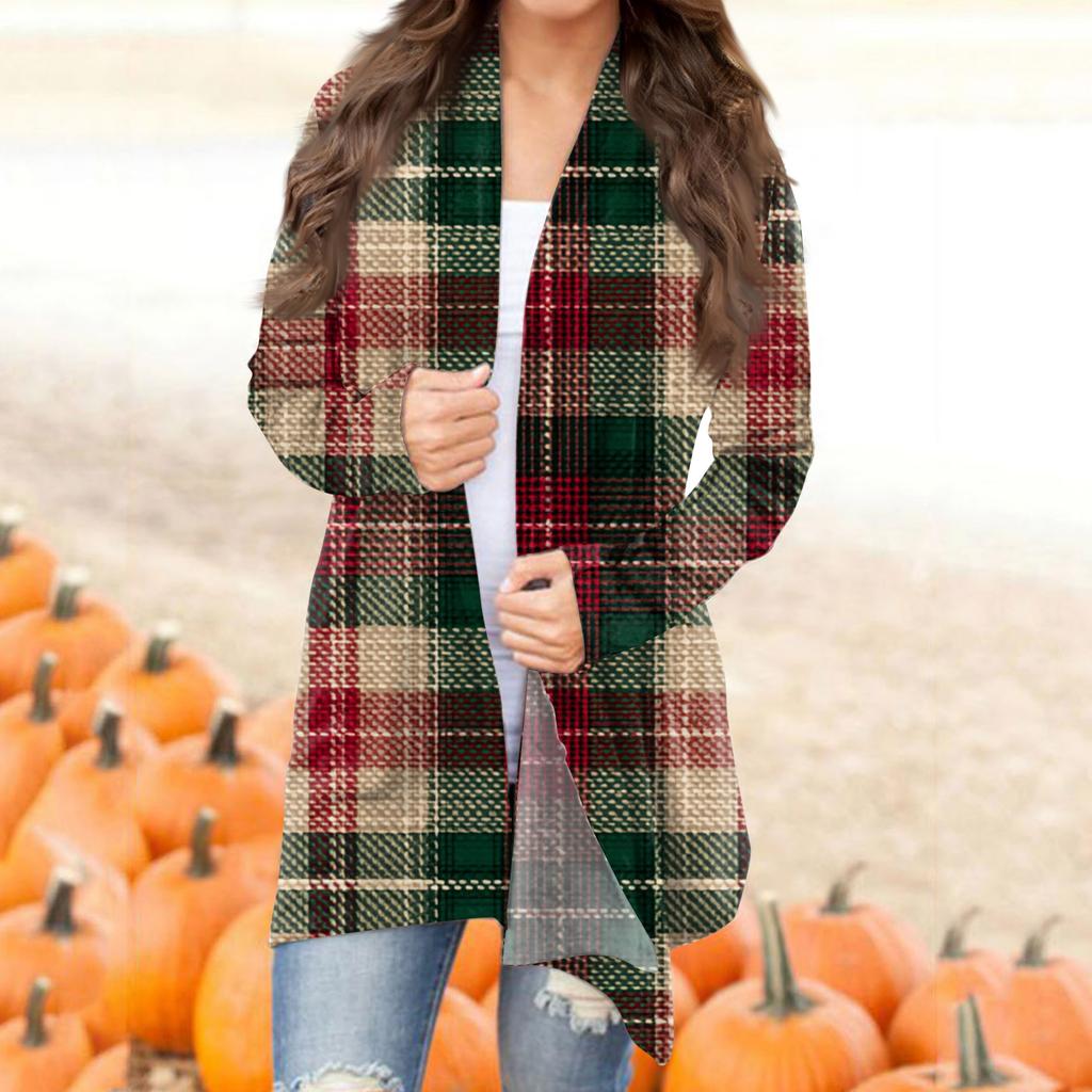 Women's Casual Fashion Plaid Print Half-open Collar Mid-length Irregular Hem Cardigan Jacket