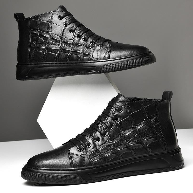 Men's Shoes High-top Lace-up Crocodile Pattern Board Shoes Men's First-layer Cowhide Martin Boots Foreign Trade Autumn and Winter Sports and Leisure 