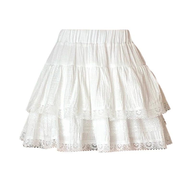 Plus Size White French Ballet Puffy Layered Ruffle A-Line High Waist Lace Skirt