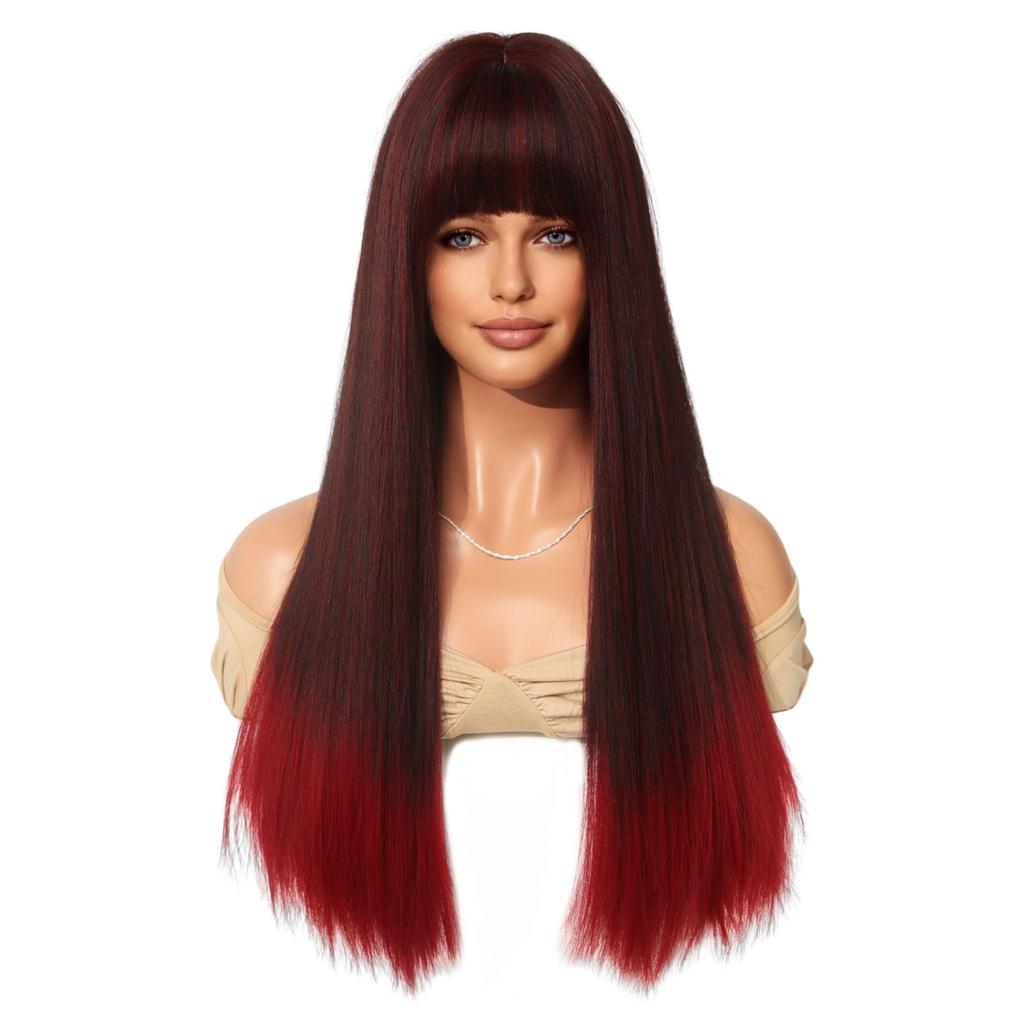 Attention To Ordering - Wig Long Straight Hair European American Style Black Gradient Red Curly Headband Full Top 24 Inches