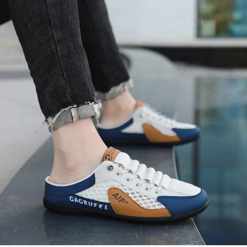 Fashion Designer Men Slippers Breathable Mens Shoes Trendy Bottom Casual Sneakers Mesh Half Slippers for Men Soft Sole Support Shoes New