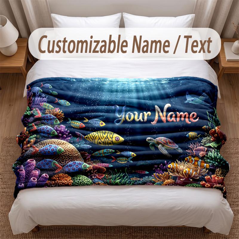 Fish Ocean Theme Soft Blanket Personalized Custom Name Text Print Warm Blanket Home Sofa Bedroom Decor