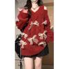 Dames trui met V-hals en strik - Herfst/Winter Mode 2024 Losse gebreide stijl
