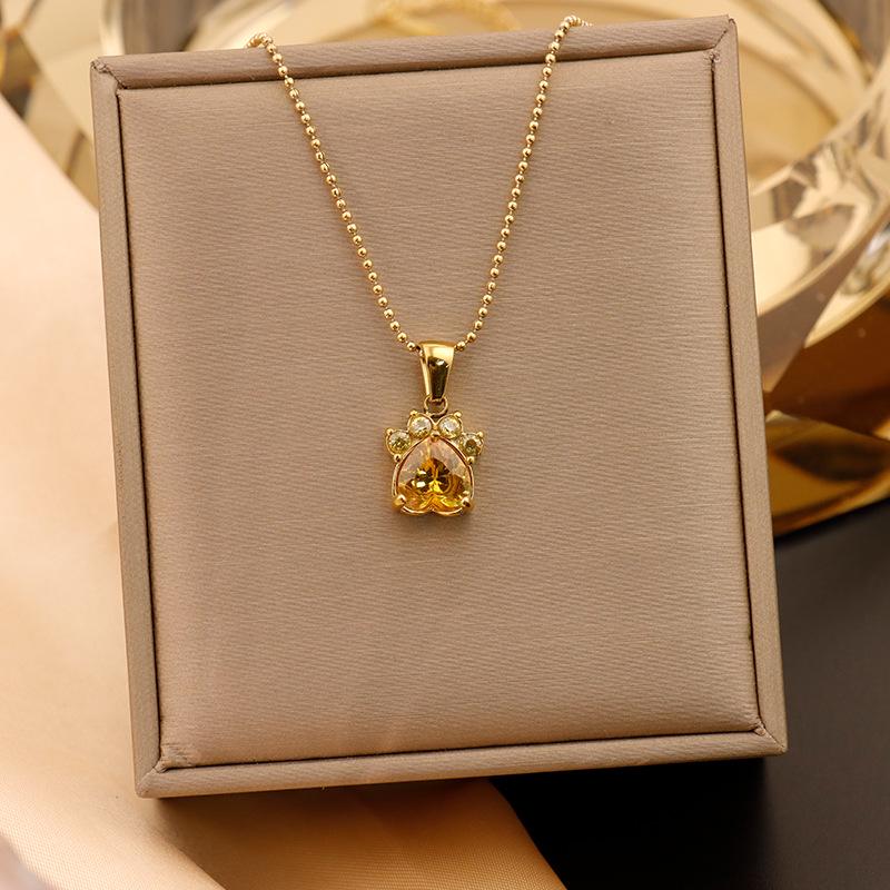 18K Gold-Plated Titanium Cat Paw Pendant Necklace with Colorful Zircon Hearts for Women