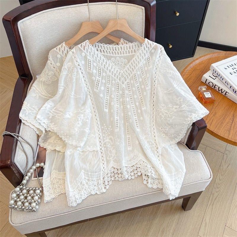 Bohemian Hollow Embroidered Knitted Sweater Summer Design Sense Niche Loose V-neck Sunscreen Blouse Top Women