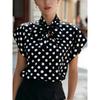 Summer Polka Dot Short Sleeve Lace-up Blouse Shirt Women's Casual Fashion Top for Outdoor Daily Wear