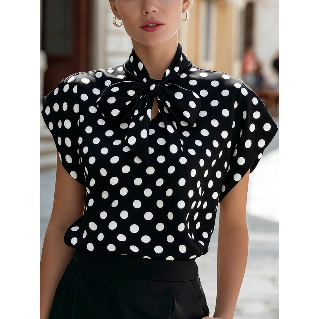 Summer Polka Dot Short Sleeve Lace-up Blouse Shirt Women's Casual Fashion Top for Outdoor Daily Wear