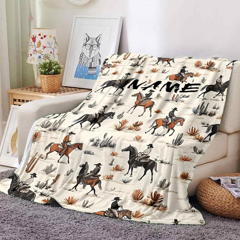Western Cowboy Horse Riding Scene Design Artwork Multipurpose Customizable Blanket Customize Your Name Soft Cozy For Sofa Couch Office Bed Picnics