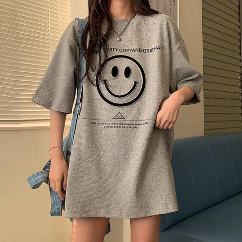 Women's Smiley Face Letter Print Oversized Short Sleeve T-shirt Mid Length Cover Hip Casual Tee