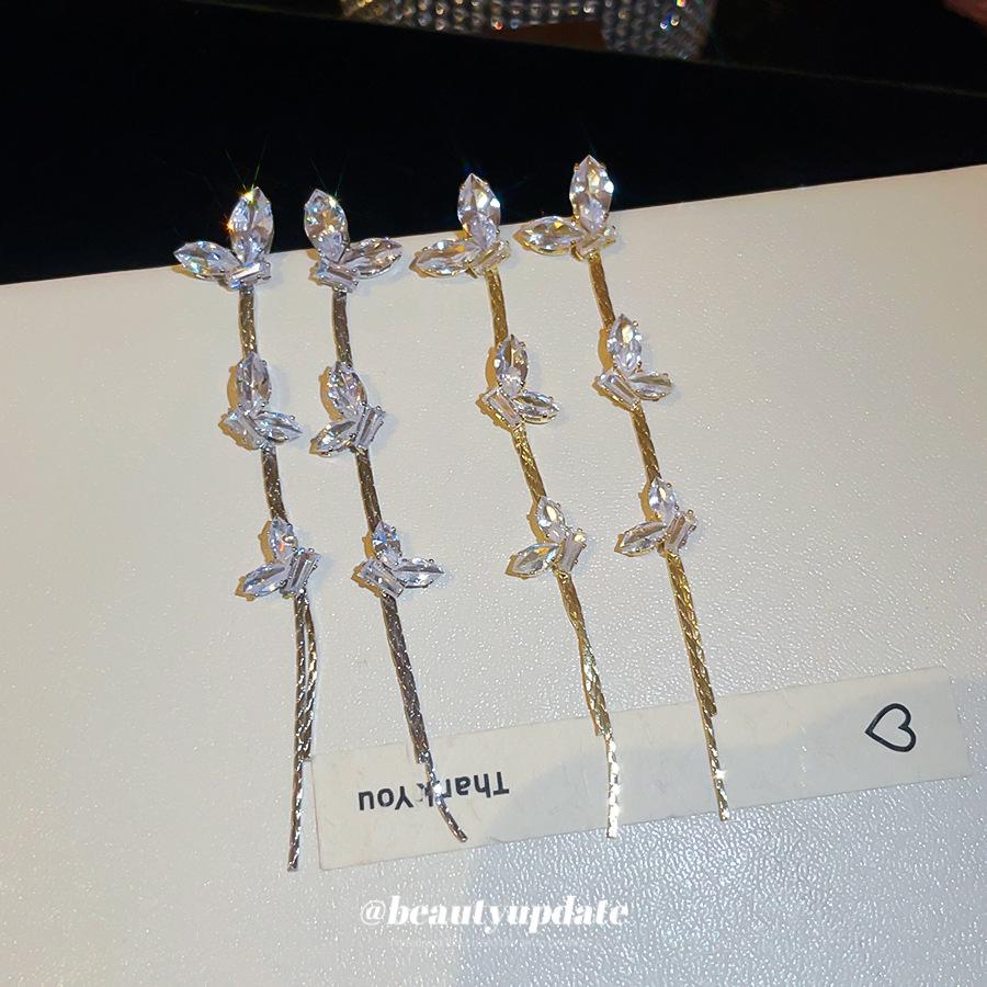 Silver Needle Zircon Leaf Tassel Stud Earrings - Elegant and Versatile Women's Accessory