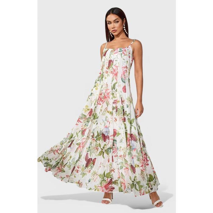 European, American spring and summer independent station new suspender fresh printing long pendulum dress