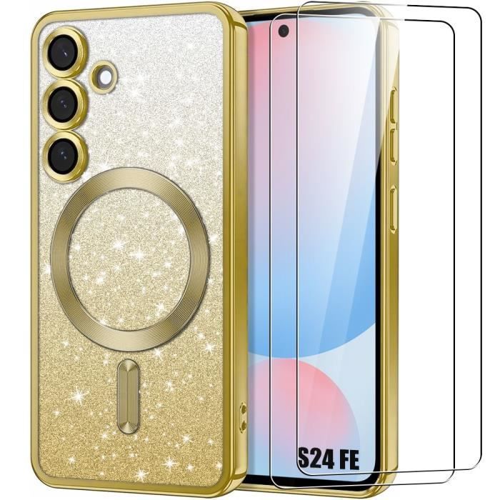 Case and 2 Tempered Glasses for Samsung Galaxy S24 FE, Glitter Protection with Magnetic Circle and Camera Film - Gold