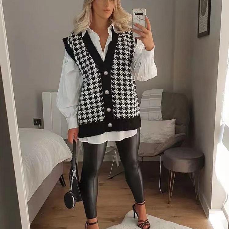2023 Spring & Autumn Women's Houndstooth Knit Sleeveless Cardigan Vest