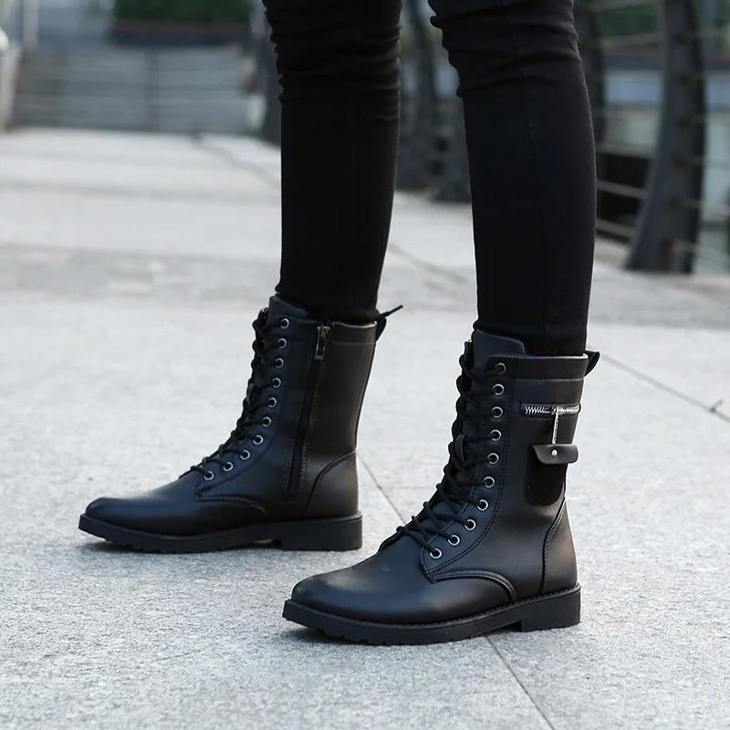 Men's Mid-calf Boots Fashion Outdoor Casual Boots Waterproof Leather Boot Plush Warm Winter Boots for Men Motorcycle Boot Botas