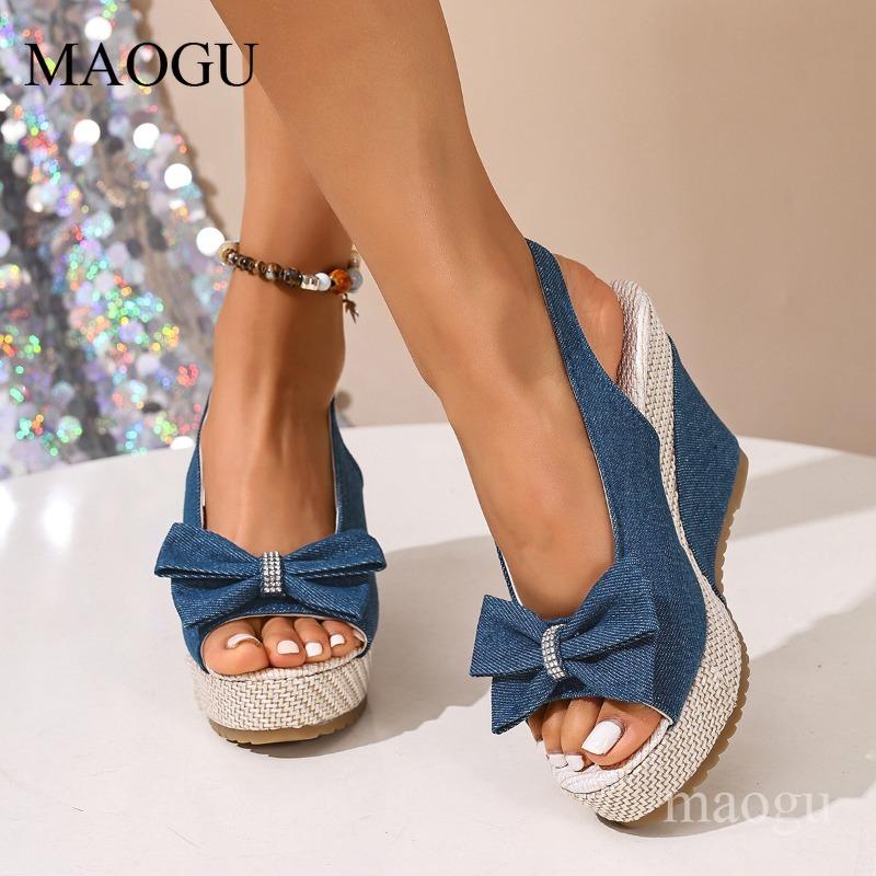 Peep Toe Bow-Knot Slingback Sandals Espadrille Platform Wedges Breathable Denim Sandals Ankle Strap Casual Summer Shoes Woman
