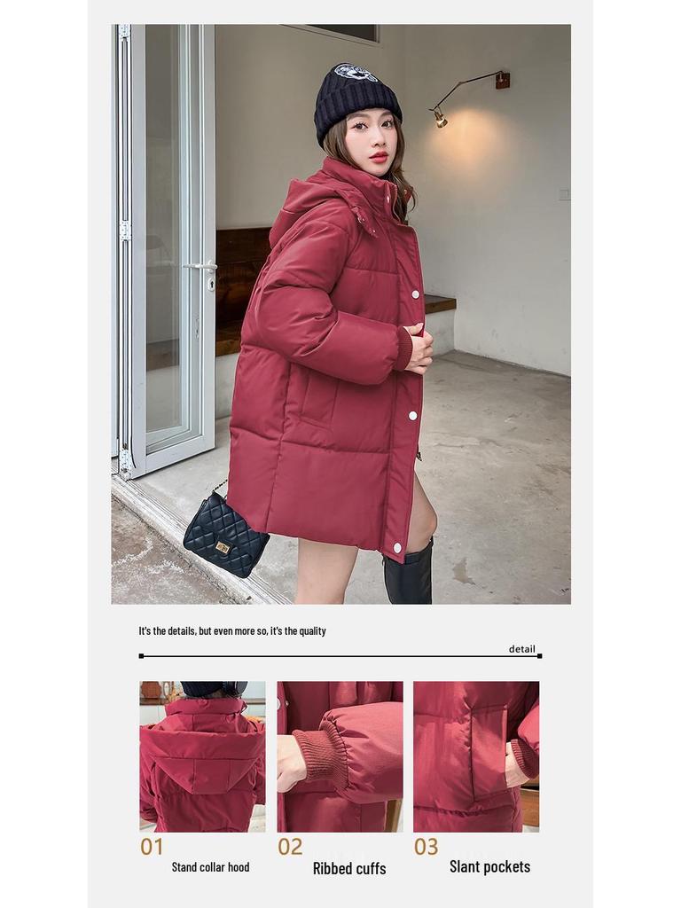 Meilade Women's Winter Korean Style Mid-Length Petite Down Cotton Coat - Thick Loose Fit Bread Jacket
